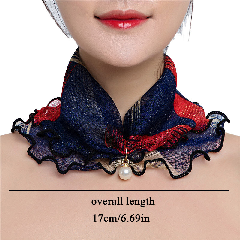 Fake Pearl Pendant Ruffle Lace Scarf Organza Neck Collar Chiffon Scarves Print Shiny Scarf Multi-functional Elastic Neck Wrap