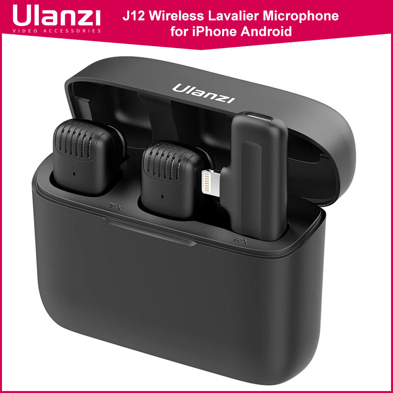 Ulanzi-J12 Sistema de microfone sem fio Lavalier, gravação de áudio e vídeo, Mini Mic para iPhone, Android, transmissão ao vivo