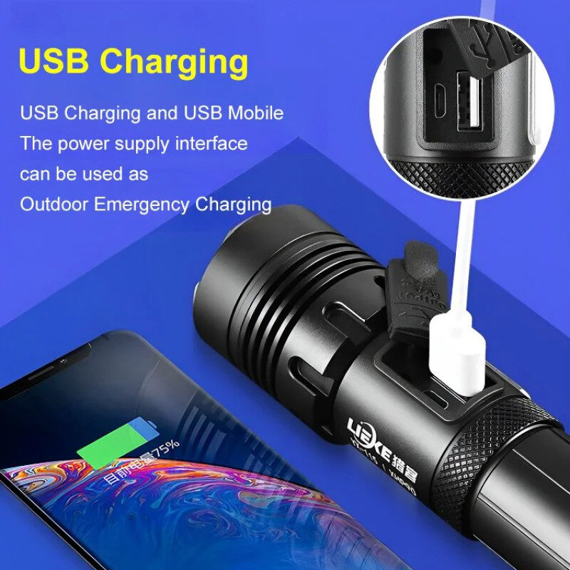 Multifunctional zoom bright flashlight longrange sky cannon portable USB rechargeable