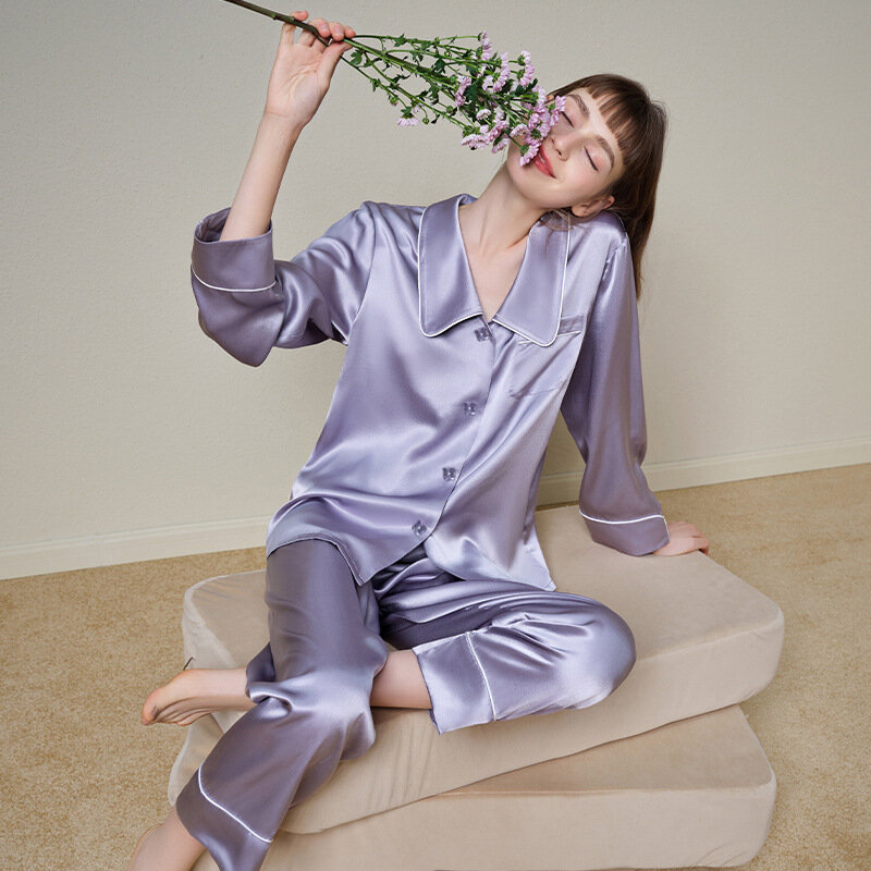 Women's Pajamas Sets Spring Autumn 2 Piece Buttons Down Pyjama Faux Silk Satin Sleepwear Long Sleeve Pijama Mujer Pjs Homewear