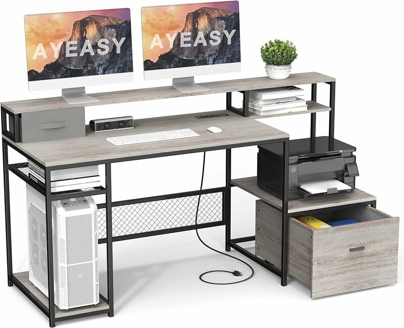 AYEASY 모니터 스탠드 선반이 있는 가정 사무실 책상, 전원 콘센트 및 USB 충전 포트가 있는 66 인치 대형 컴퓨터 책상, 컴퓨터