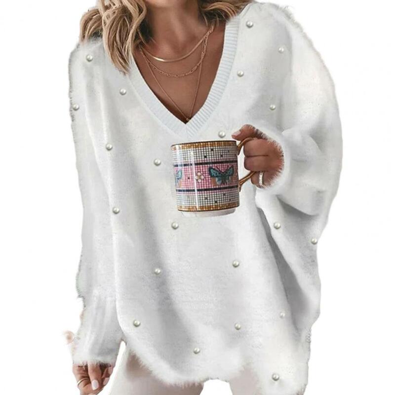Women V-neck Sweater Cozy V-neck Sweater with Bead Decor Plush Fabric for Women's Fall Winter Wardrobe Soft Pullover Knit Loose