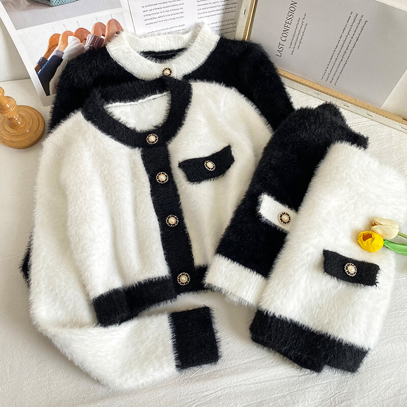 Conjunto de chaqueta de Cachemira de visón y falda ajustada para mujer, suéter de Mohair con costuras de Color contrastante, cárdigan esponjoso, conjunto de 2 unidades