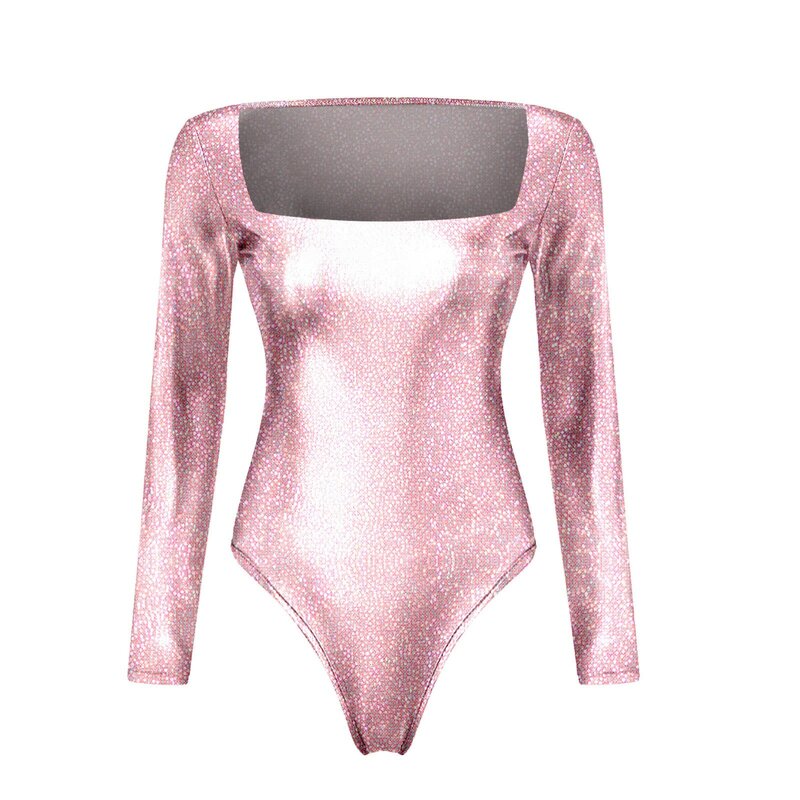 Women Carnival Jumpsuits Shiny Laser Metallic PVC Leather Square Neck Long Sleeve for stage club costumes woman Leotard Bodysuit