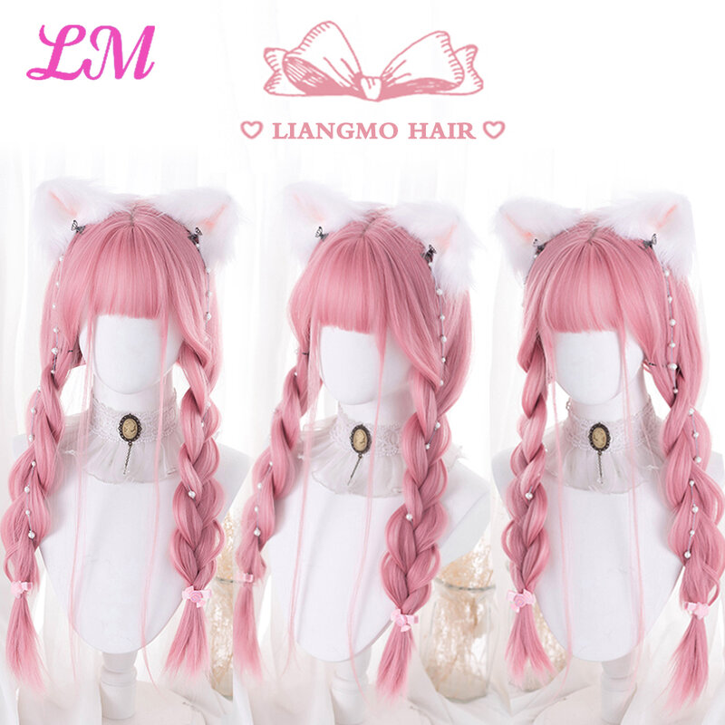 LM parrucca Cosplay con frangia capelli lisci sintetici parrucca rosa lunga resistente al calore da 24 pollici per le donne