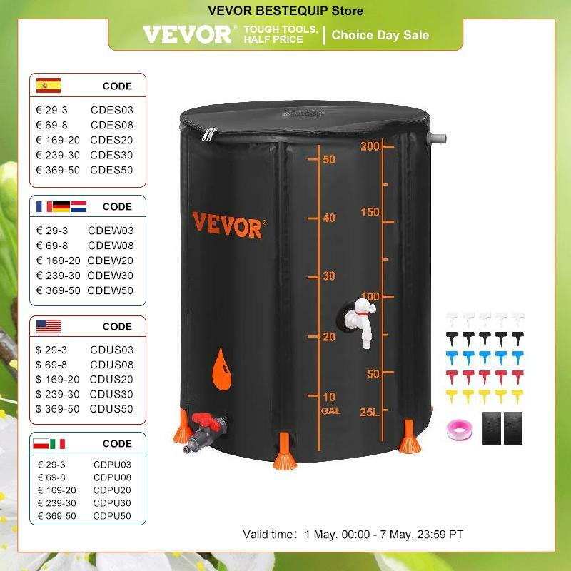 VEVOR Collapsible Rain Barrel 53/100 Gal Large Capacity PVC Rainwater Collection System with Spigots and Overflow Kitfor Garden