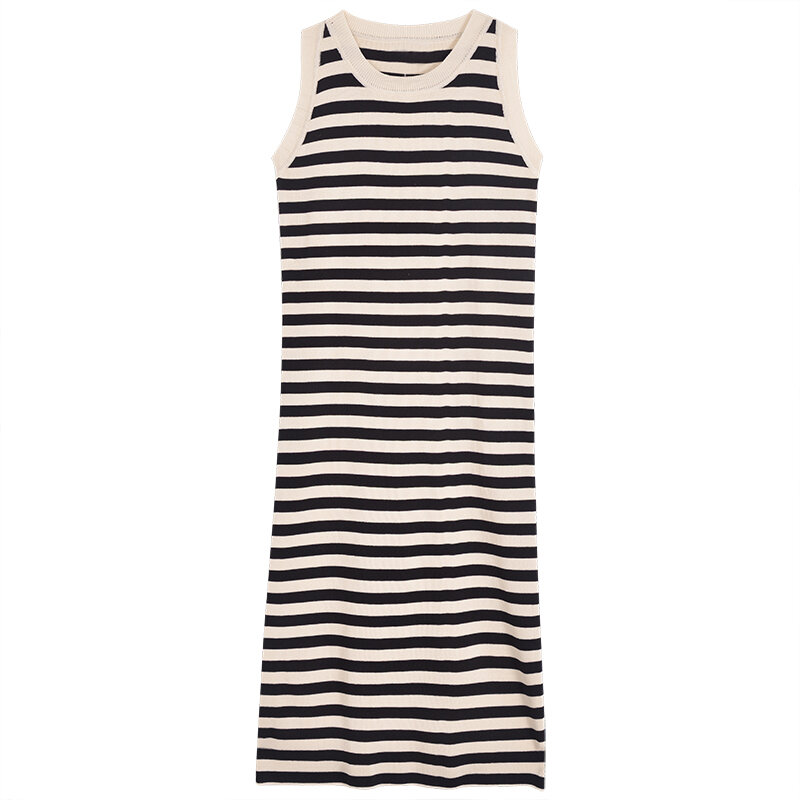 2024 Summer Fashion Stripe Knitted Midi Women's Round Neck Suspended Dress Long Sleeveless Casual Loose Women's Wear L255