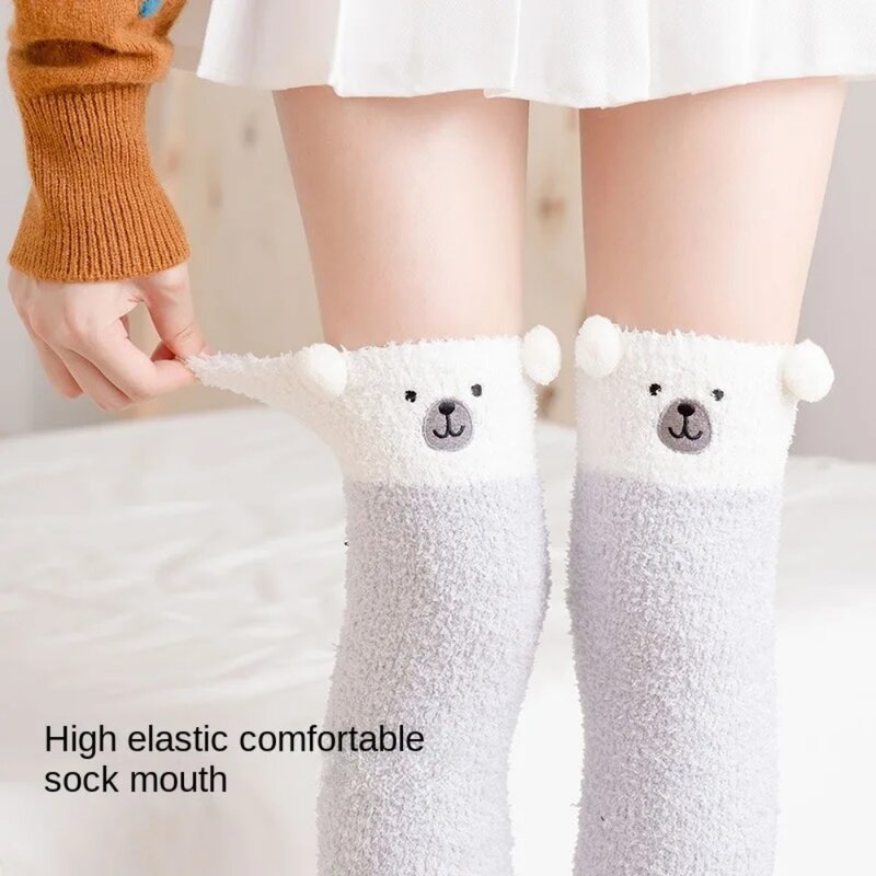 Soft Coral Fleece Knee Socks Winter Warm Girls Women Cute Cartoon Animal Stockings Striped Cozy Long Thigh High Socks
