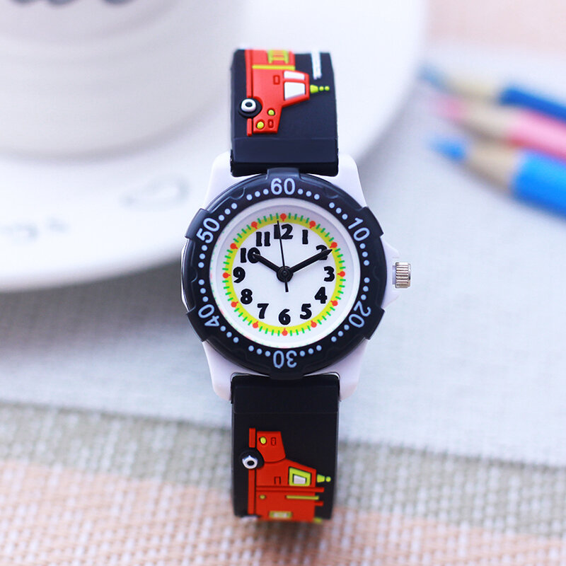 3D Fire Truck Cartoon Rotating Dial Silicone Soft Strap Wristwatch For Children Boys Girls Little Kids Birthday Christmas Gifts