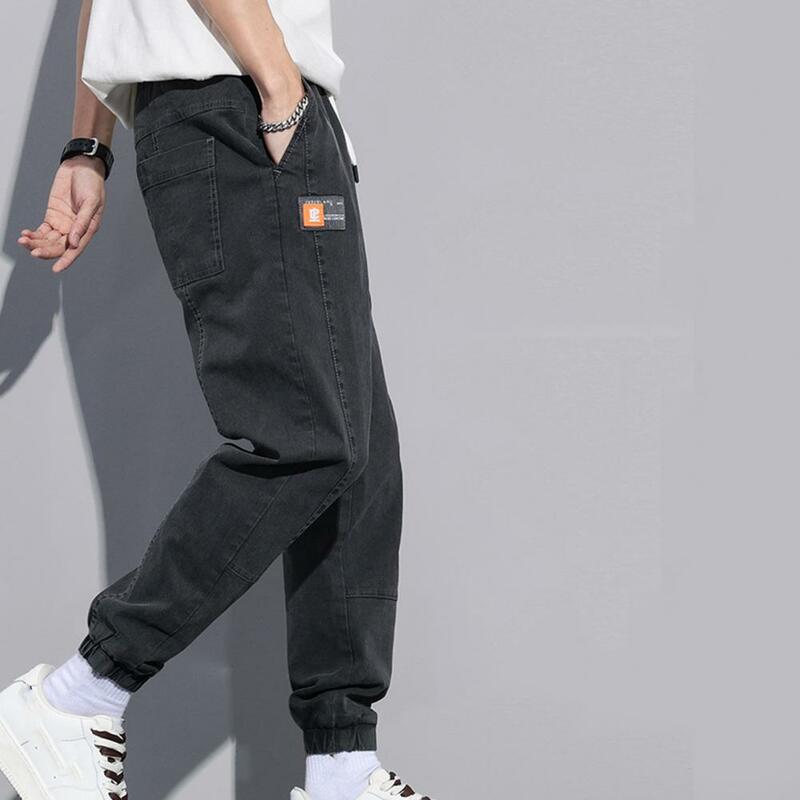 Casual Workwear Trousers for Men Men's Loose Fit Cargo Pants with Ankle-banded Drawstring Waist Soft Warm Fabric Solid for Fall