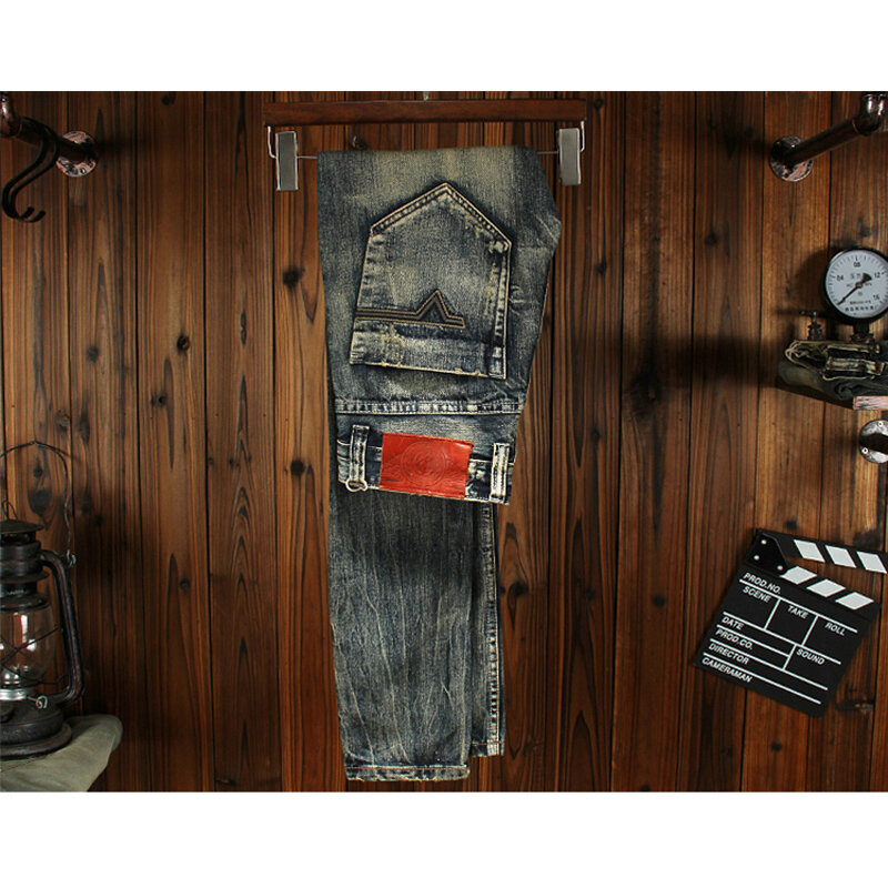 Moda Designer Homens Jeans de Alta Qualidade Retro Lavado Elastic Slim Fit Destruído Patchwork Rasgado Jeans Homens Vintage Denim Calças