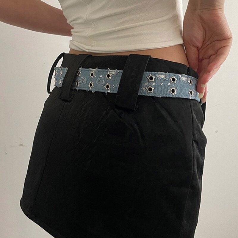 L93F Cinturón pantalones Harajuku para mujer, cinturón para vestidos, cinturón cintura para mujer con hebilla doble