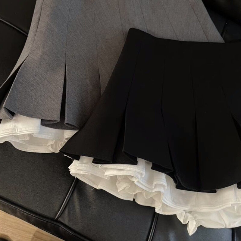 Minifalda negra con volantes para mujer, Faldas plisadas de retazos coreanos, Faldas de cintura alta Kawaii japonesas que combinan con todo, Faldas de línea A, nuevas, Y2k
