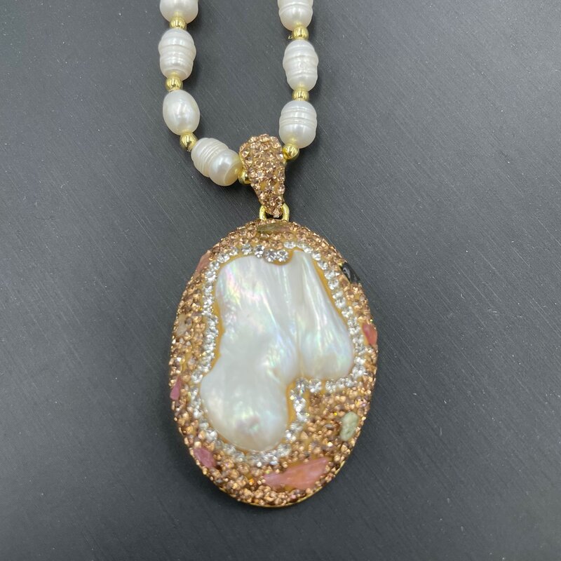 MVN058 gioielli in stile medievale nuova collana di tormalina di perle d'acqua dolce strass intarsiati intorno al colore dorato elettrolitico