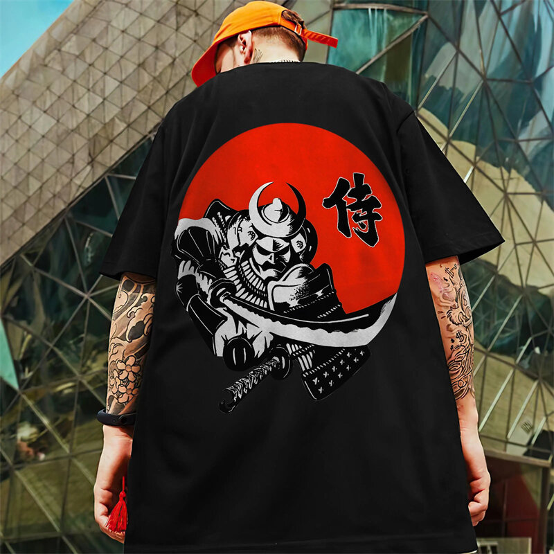 Camiseta masculina japonesa em 3D com estampa Samurai Sword, roupa retrô, tendência Hip Hop, rua Harajuku, solta, plus size, verão, 2022