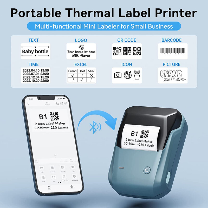 NIIMBOT B1 Label Maker, Impressora Térmica Portátil, Mini Barcode, QR Code Sticker, Rolos de Papel 20-50mm, Cable Tag
