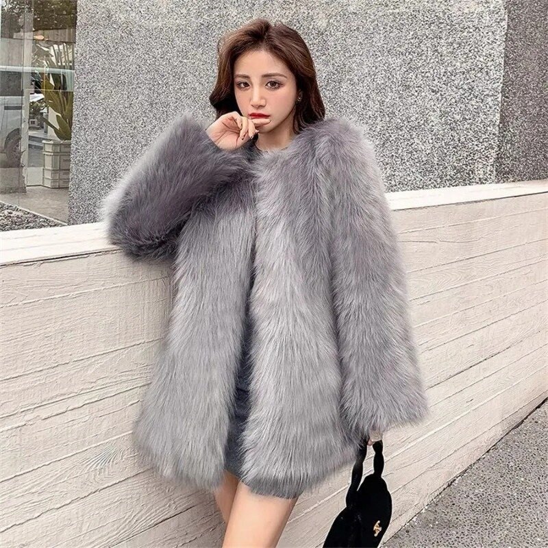 Faux Fox Fur Coat for Women, Mid-length Style, Thicken Warm Overcoat, Plush Jacket, Loose Casual Outwear, Winter, New, 2024