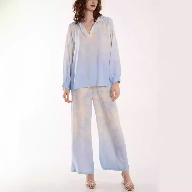 Elegante Print Shirt Broek Pyjama Voor Vrouwen Twee Stukken Set Losse V Hals Lange Mouw Blouse Pnats Pak Loungewear Vrouwen Outfits