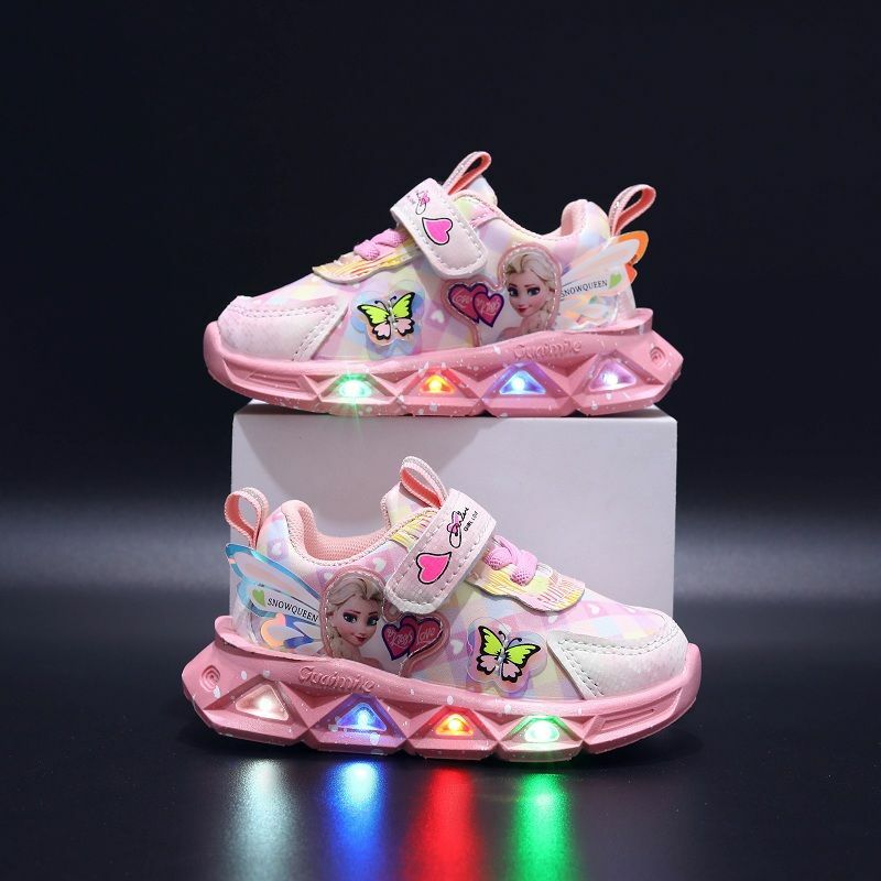 Disney LED Casual Sneakers For Spring Girls Frozen Elsa Princess Print Pu Leather Shoes Children Lighted Non-slip Pink Purple