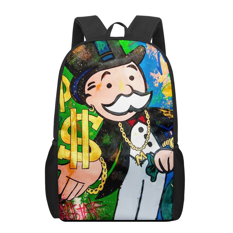 Cartoon Alec Monopoly Aesthetic 3D Print School Backpack for Boys Girls Teenager Kids Book Bag Casual Shoulder Bags 16Inch Satch