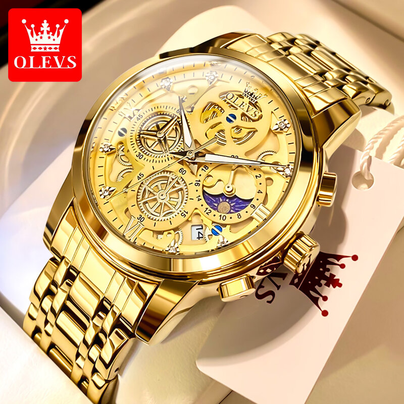 OLEVS 남성용 정품 방수 쿼츠 시계, 탑 브랜드 럭셔리 시계, 골드 스켈레톤 스타일, 24 시간 낮밤, 신제품