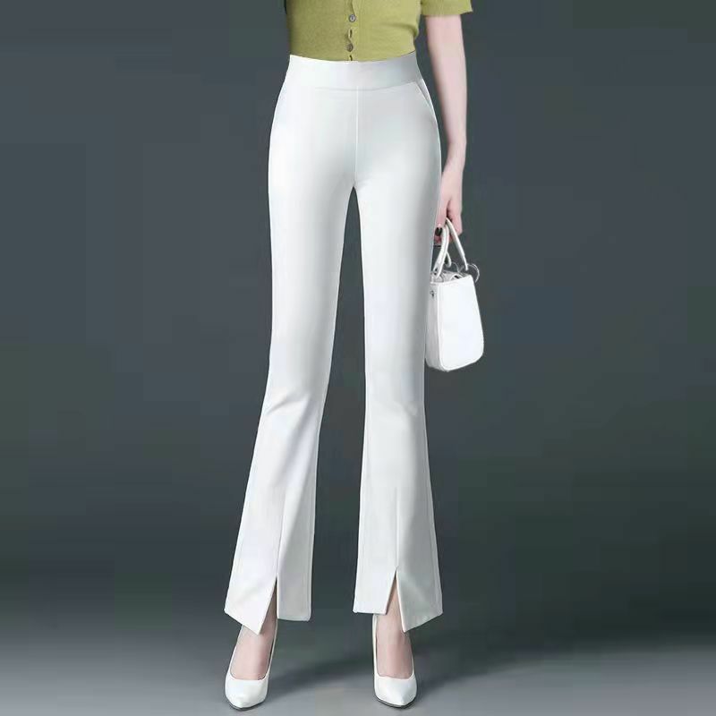 Celana panjang kasual serbaguna wanita, celana panjang kantor wanita Korea modis ramping celah melebar musim semi musim panas baru wanita tipis elastis pinggang tinggi
