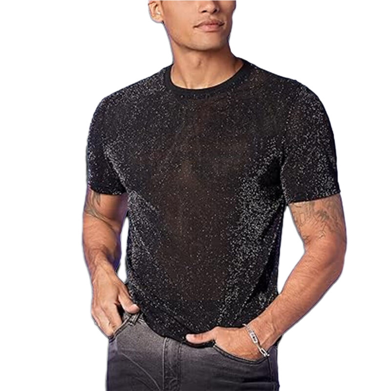 T-Shirt Herren Top M-2XL Mesh Nachtclub Polyester regulären Rundhals ausschnitt durch glänzende Kurzarm Bluse Kostüm sehen
