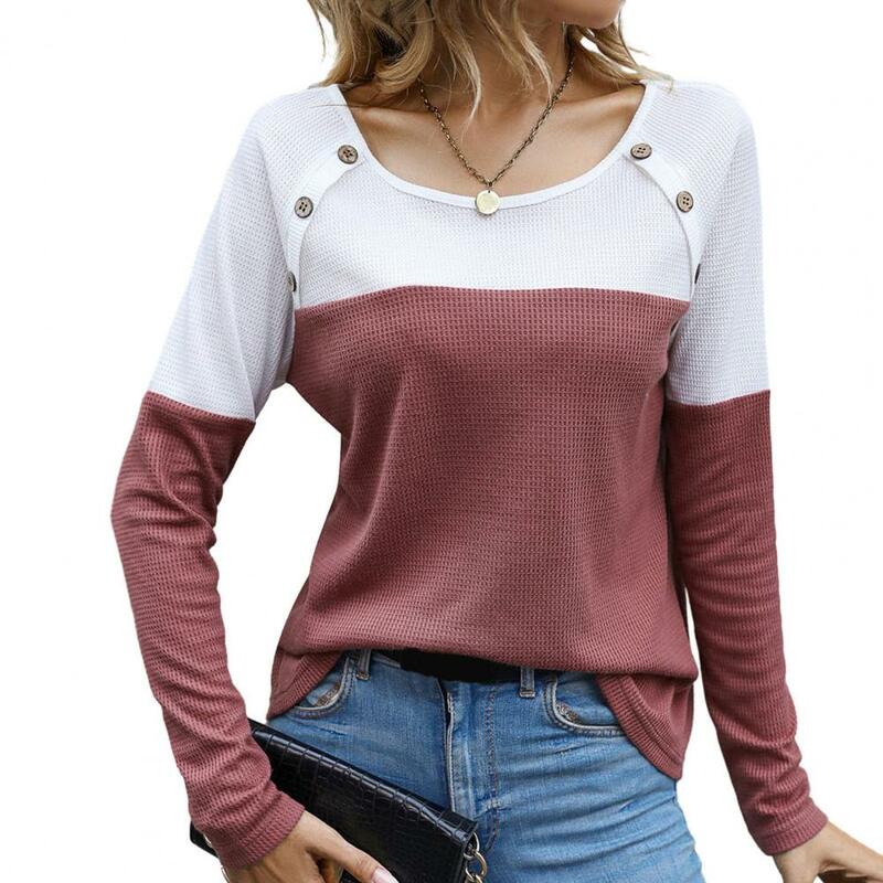Женская свободная футболка, топ с цветными вставками, вязаный мягкий пуловер с длинным рукавом и круглым вырезом, стильная женская футболка на каждый день на осень/весну