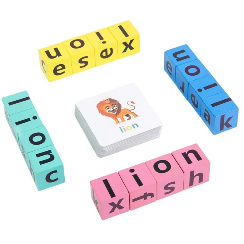 Juego de cartas de madera para Aprendizaje de letras, juego de ortografía del alfabeto, bloque de ortografía, juego de rompecabezas de cartas de palabras en inglés