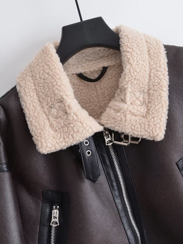 Frauen neue Mode kurz geschnittene doppelseitige Pelz Kunstleder Jacke Mantel Vintage Langarm Reiß verschluss weibliche Oberbekleidung schicke Tops