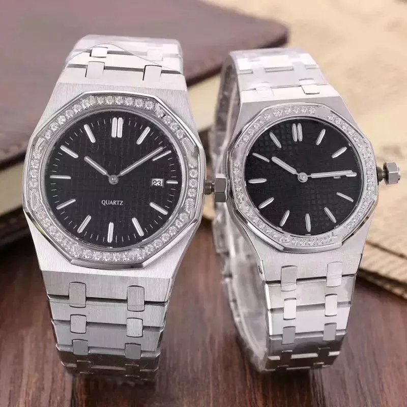 Relógio de quartzo com diamantes safira para homem e mulher, relógio senhora de luxo, prata, preto, branco, novo