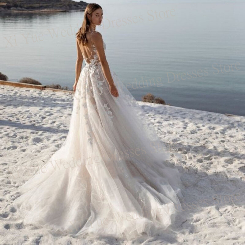 Graceful Charming A Line Women's Wedding Dresses Appliques Lace Bride Gowns Backless Spaghetti Straps Beach فساتين حفلات الزفاف