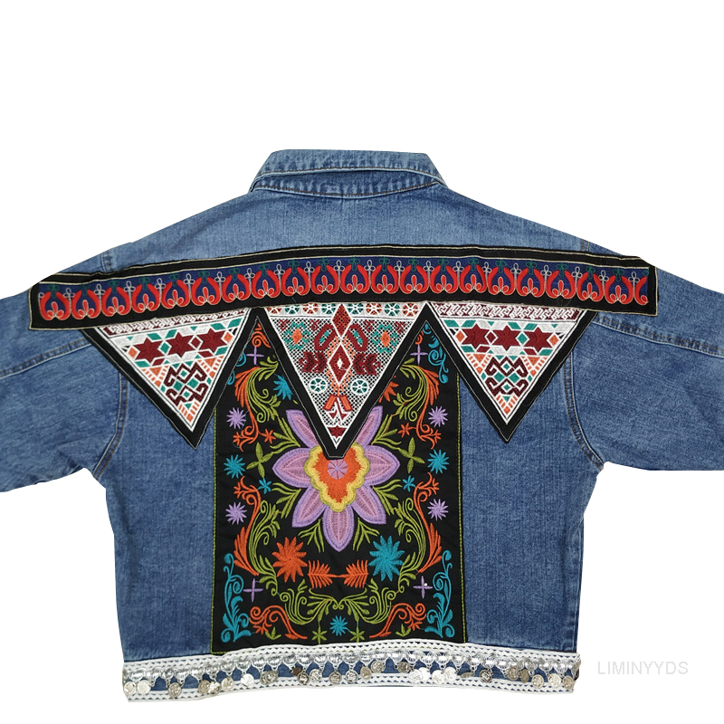 Jacke frauen Frühling Boho Denim für Frauen Floral Appliques Stickerei Vintage Mantel Langarm Oberbekleidung Weibliche Jacke Coatee