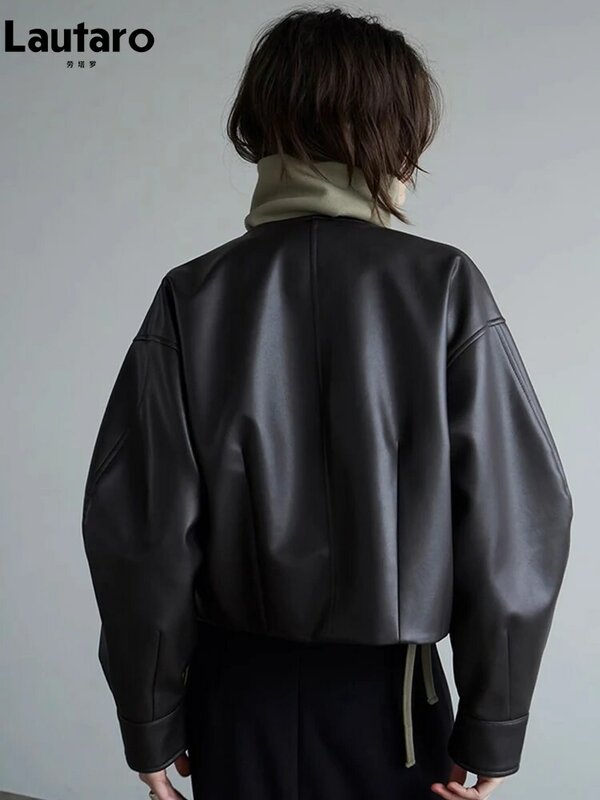 Lautaro jaket kulit Pu lembut wanita, pakaian desainer mewah lengan panjang dengan kantong depan ukuran besar hitam lembut musim gugur