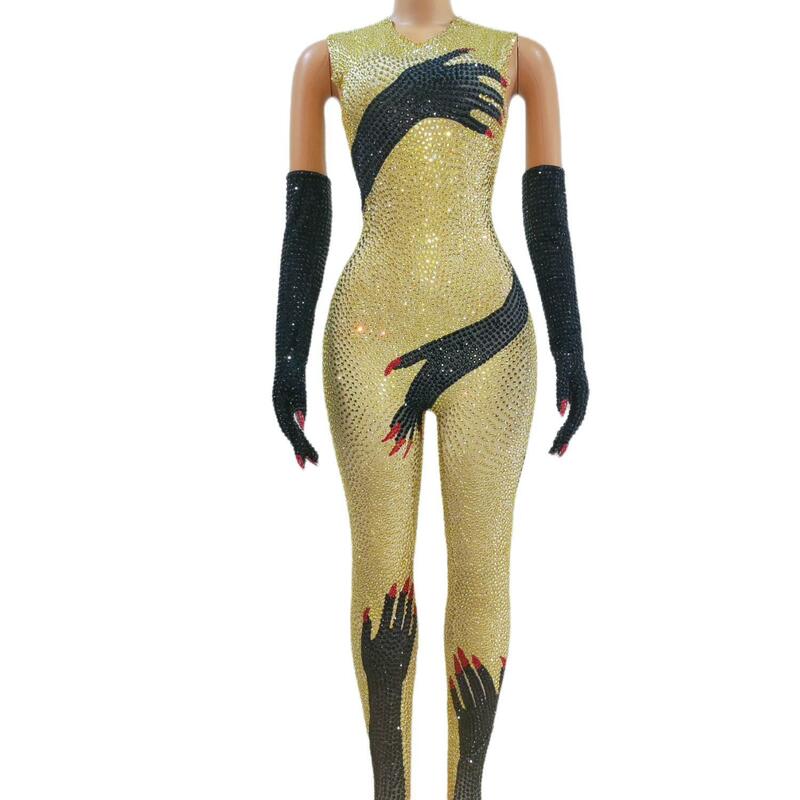 Sparkly Rhinestones Sexy Hand Pattern Jumpsuit with Gloves Birthday Celebrate Outfit Women Dance Performance Costume Heishou