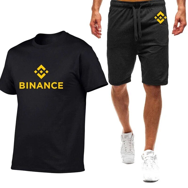 Binance Crypto 2024 kaus lengan pendek pria, baru musim panas nyaman bercetak celana pendek katun Harajuku olahraga dua potong set