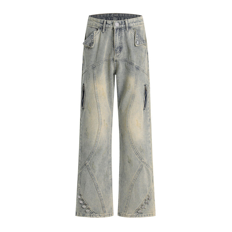 Jeans Harakuju vintage com zíper masculino, estilo vibe, streetwear de hip hop, calças jeans casuais, patchwork