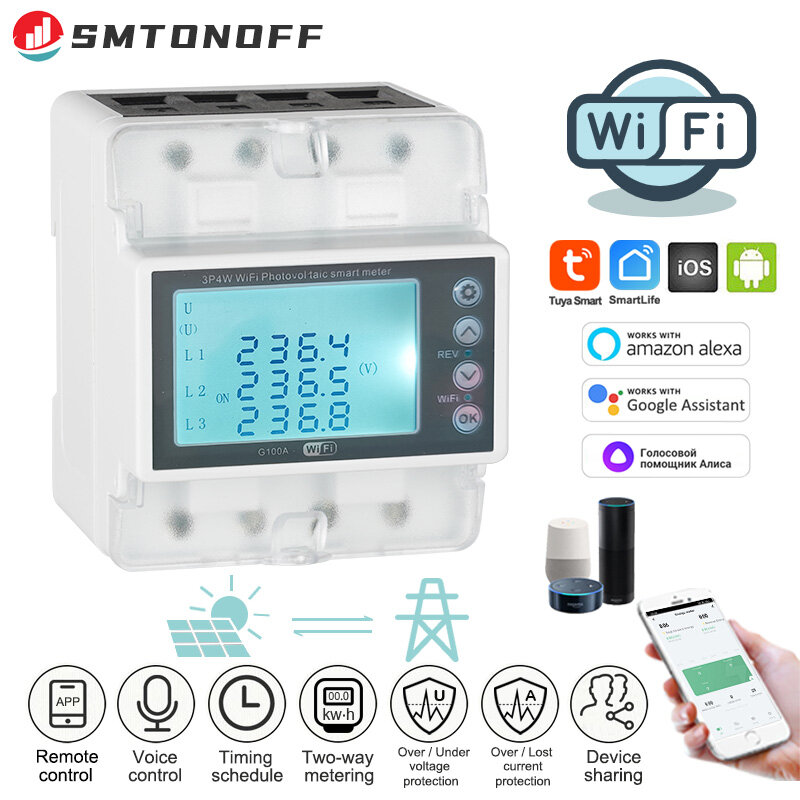 3 Phase 4 Wire 380V 100A Tuya WiFi Smart Bi-Directional Energy Power kWh Meter Over Under Voltage Protector Over load protect