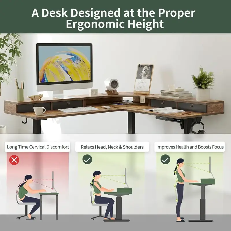 Furniture supplies FEZIBO 63" L Shaped Standing Desk with 4 Drawers, Electric Standing Gaming Desk Adjustable Height, Corner Sta
