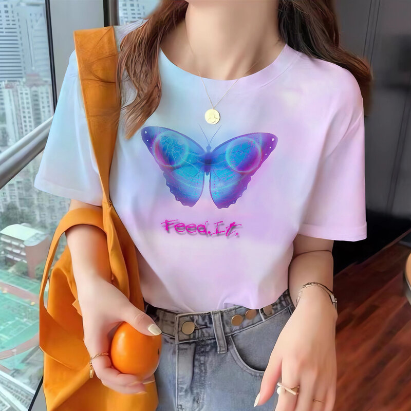 Camiseta 3D com impressão borboleta feminina, gola redonda, camiseta de mangas curtas, cor gradiente, top extragrande, moda casual, verão