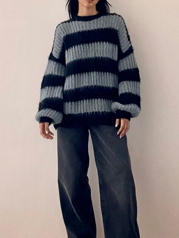 Women s Striped Color Block Oversized Sweater Long Sleeve Crewneck Casual Loose Fit Knit Pullover Sweater Tops