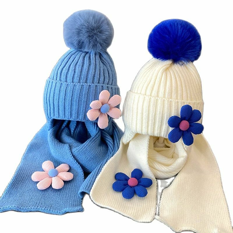Doitbest 2022 Winter Boys Girls Warm Beanies Child Scarf Hat Set Flowers Fur Hairball Baby Kids Knit Solid Scarves Hats