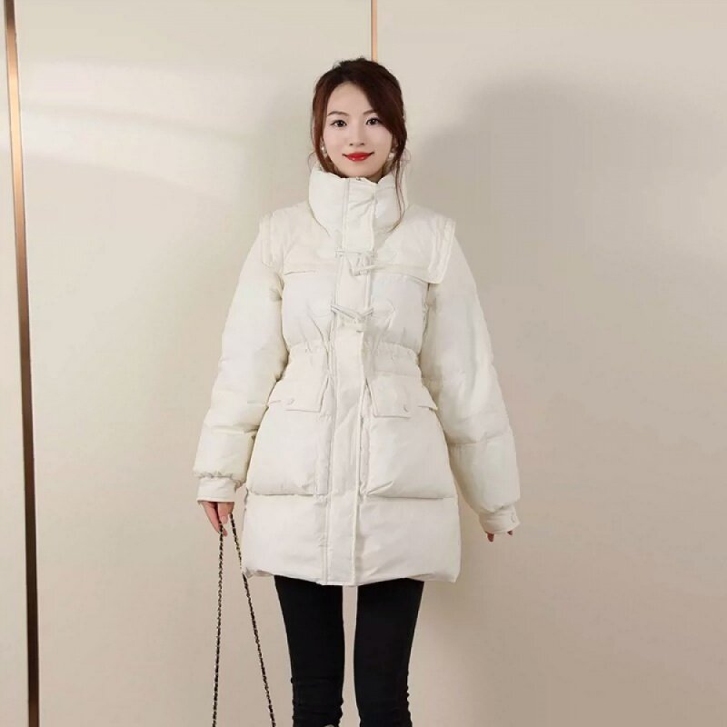 Casaco de pato branco de comprimento médio para mulheres, casaco emagrecedor, cintura quente, alta qualidade, novo, inverno, 2023