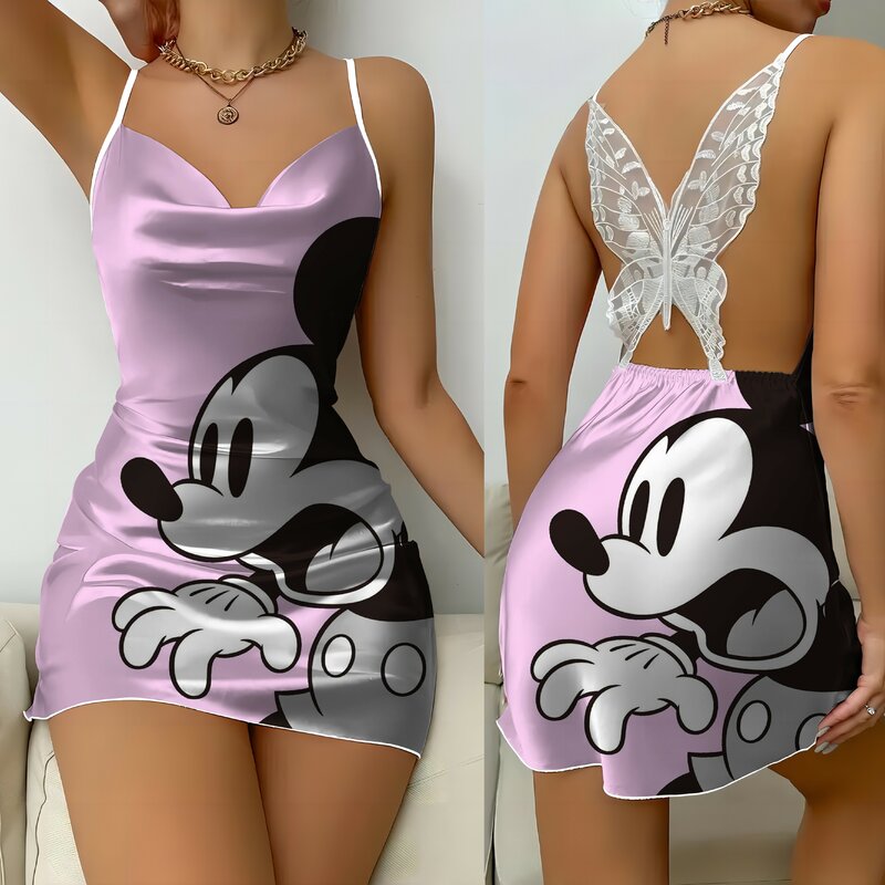Gaun Backless Minnie Mouse Fashion musim panas gaun 2024 busur simpul piyama rok Mickey Satin permukaan wanita pesta Mini seksi