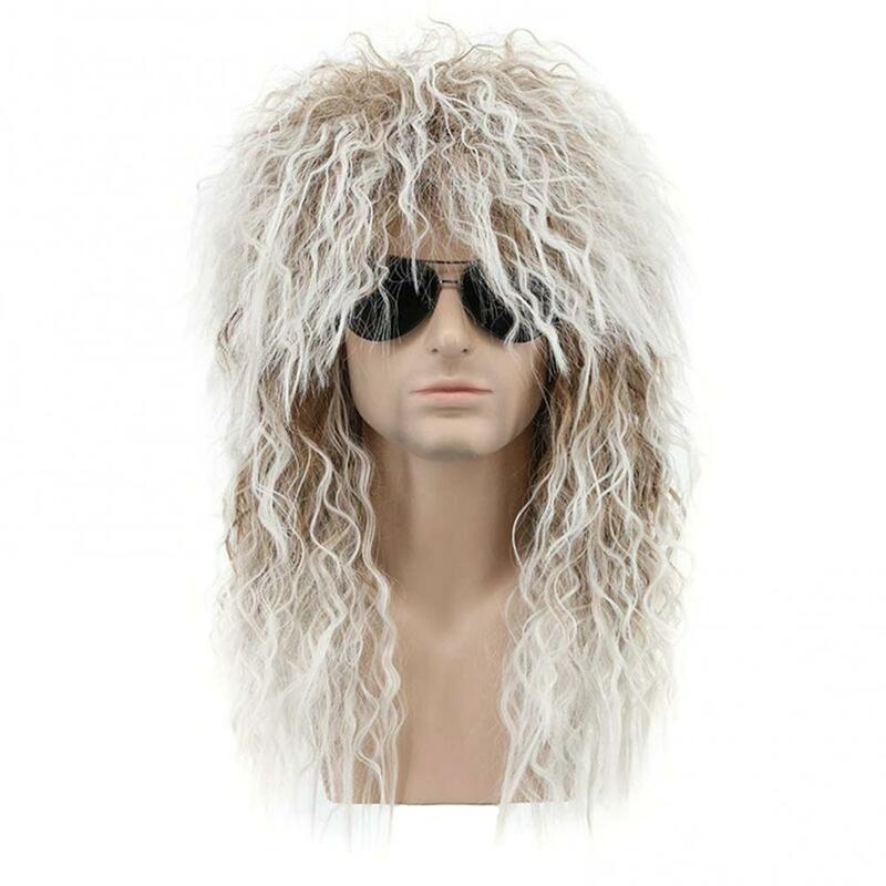 Punk Heavy Metal Rocker Curly Long Wig Hairpiece Men Halloween Costume Cosplay Synthetic Wig Natural Synthetic Wig for Men