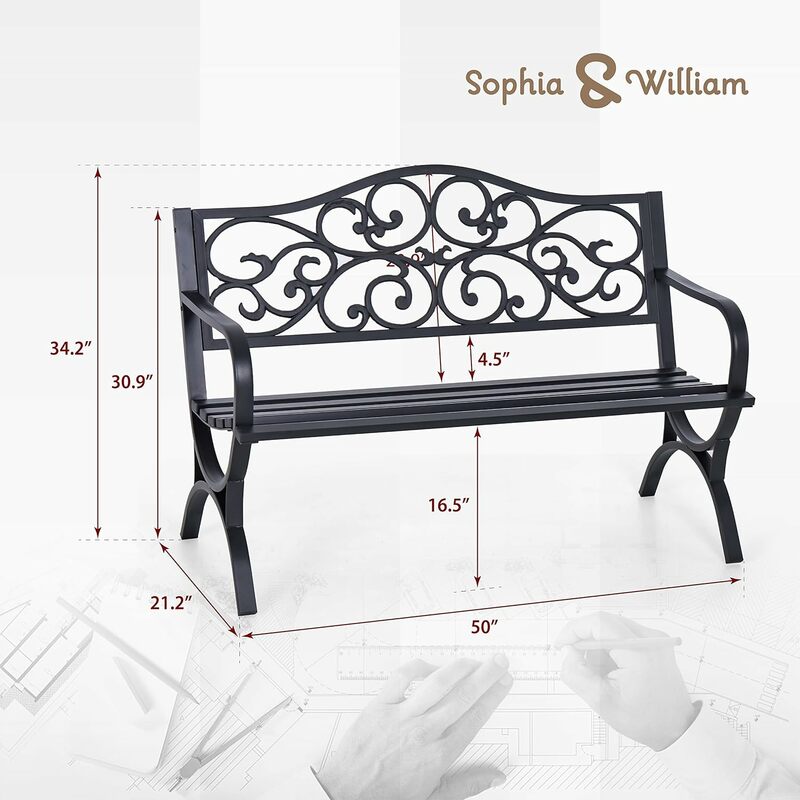 William & Sophia 50 "bangku taman luar ruangan bangku taman teras, furnitur bingkai logam besi cor dengan sandaran desain bunga