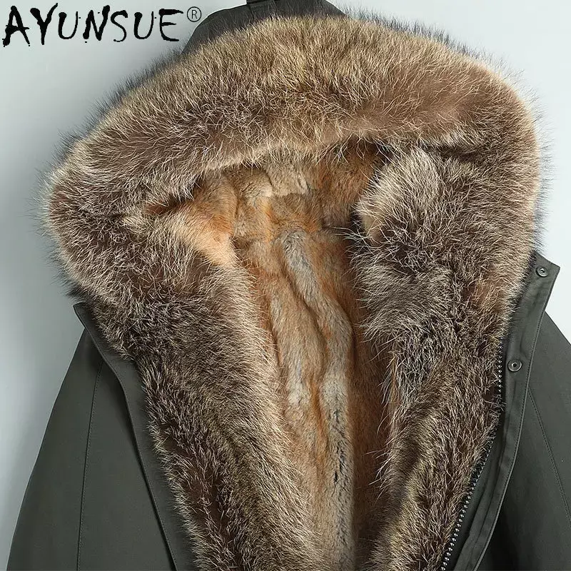 Ayunsue-男性用の本物の毛皮のフード付きジャケット,本物の毛皮の裏地付きジャケット,厚くて暖かいアライグマの毛皮の裏地,緑のミンク,2021,gm452