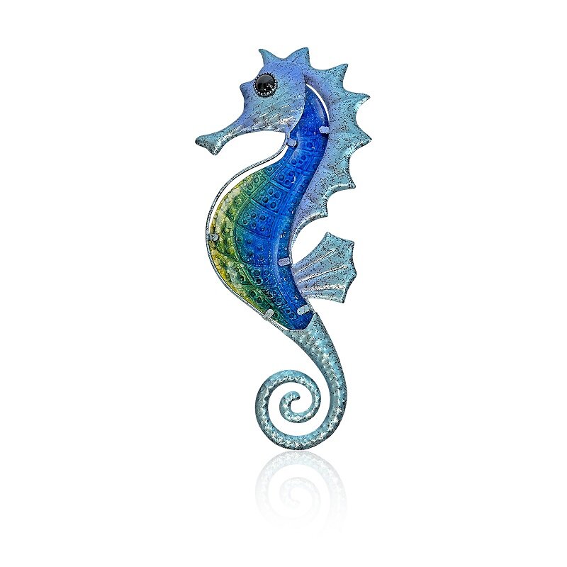 Metal Seahorse parede decoração com vidro azul, estátuas em miniatura, esculturas para jardim doméstico e animal ao ar livre