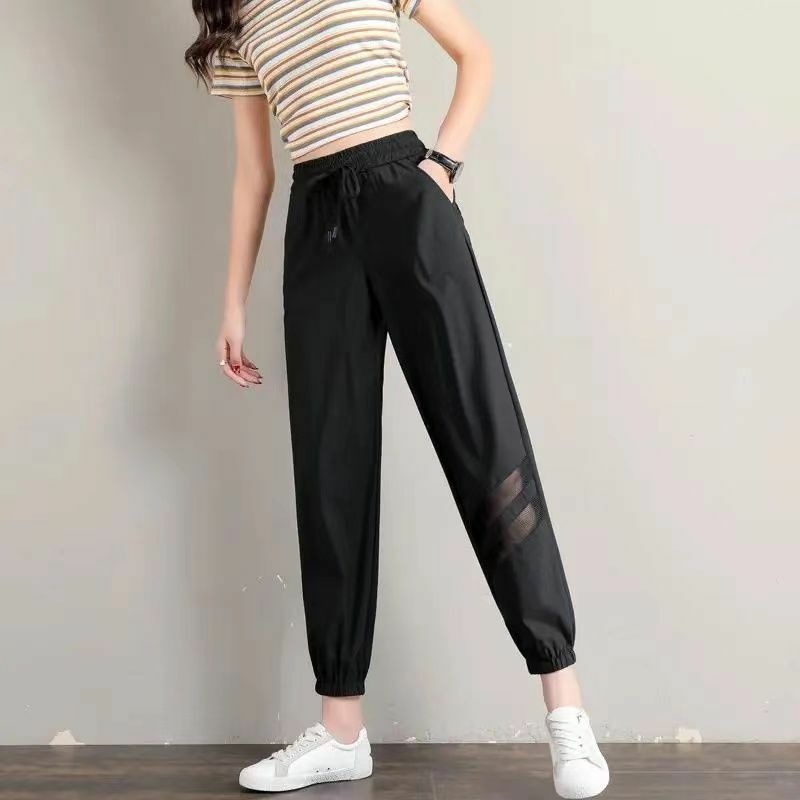 Summer Women's Commuter Large Solid Elastic High Waist Loose Gauze Hollow Out Pockets Casual Harlan Ice Silk Belted Sports Pants