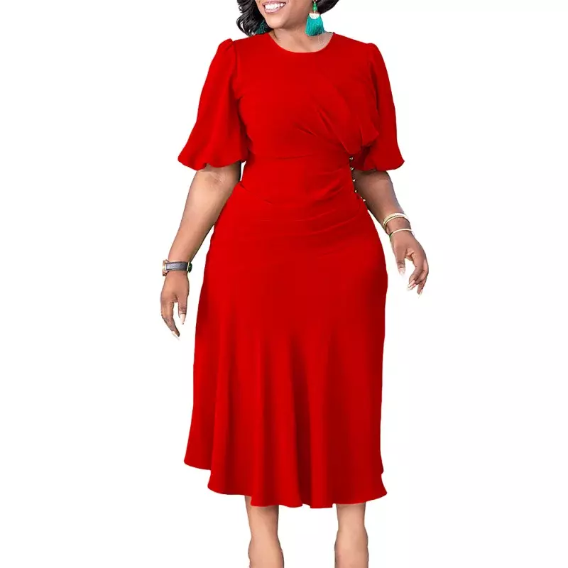 Vestidos africanos para mujer, vestido plisado de oficina, Elegante, sólido, cuello redondo, manga de linterna, cintura alta, fiesta, 2024